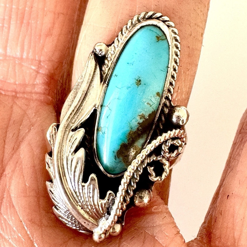 Navajo Turquoise Ring Sz 7 Sterling‎ Signed Vandever Long Leaf Native American